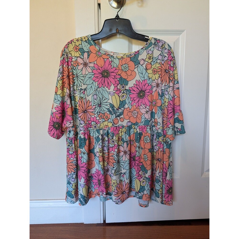BomBom Floral Print Peplum Short Sleeve Top XL 70s Retro Dopamine Boho USA